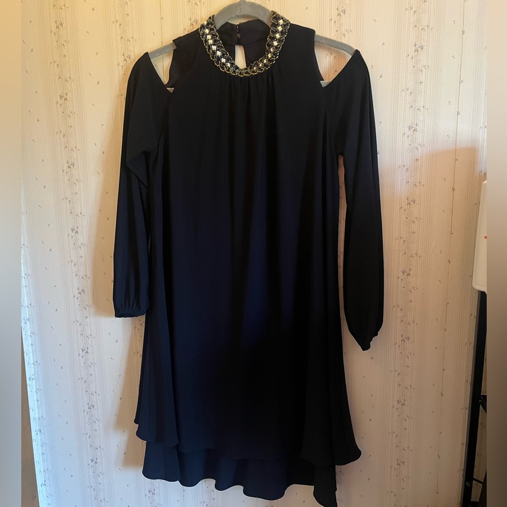 Xscape long sleeve cutout shoulder navy blue midi with embellished neckline